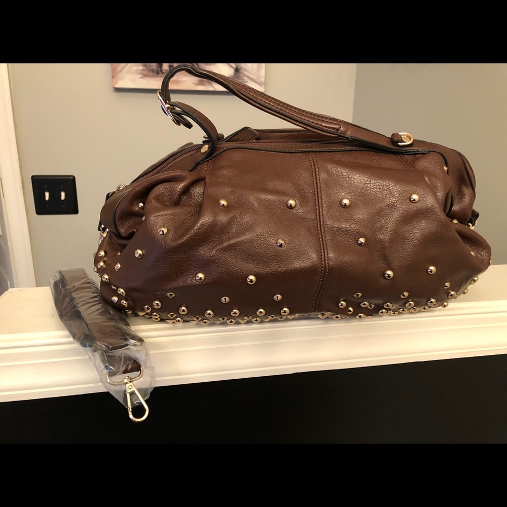 Brown Leather Gold Studded Handbag